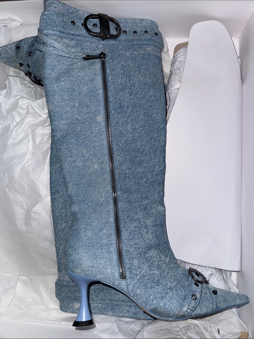 JW PEI Light Blue Denim Mid-Calf Pointed Boots with Sculpted Heel
